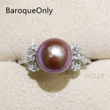 

BaroqueOnly Fashion Jewelry Natural Color Freshwater Pearl 9-10mm Edison Pearl Ring Zircon Inlaid 925 Rings Half-baroque RM