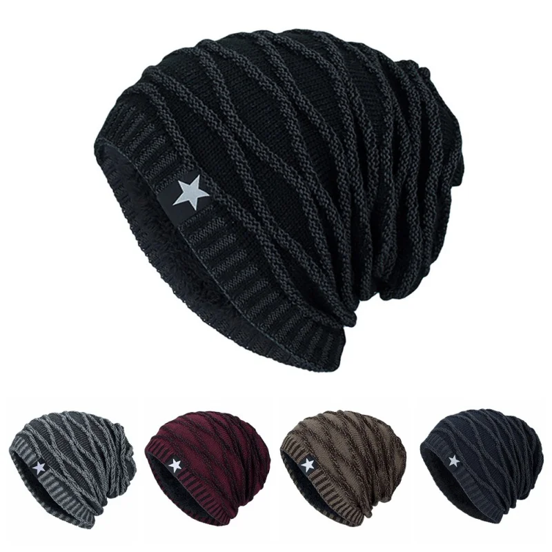

Men's outdoor hat knitted wool hat winter plus velvet warm black five-star head sports running hat high quantity