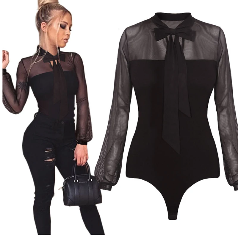 Mesh sleeve black bodysuit blouse 2018 Spring summer casual blouse for