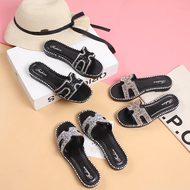 

Women Casual Summer Flat Beach Slippers Female Crystal Slides Slipper Shoes For Girls Fashion Woman Leisure Footwear 2019