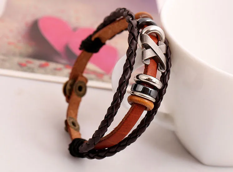 Bracelets For Men Coffee PU Leather Bracelet Bangle For Male Women Armbanden En Armbanden  (2)
