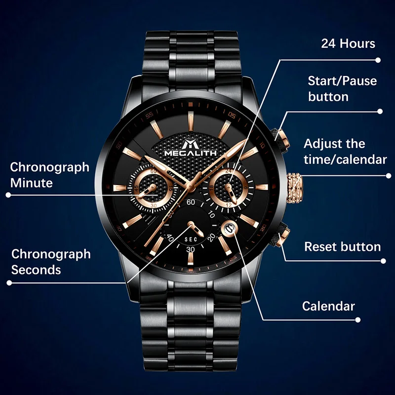 MEGALITH Mens Watches Luxury Waterproof Chronograph Military Sport Watch For Men Date Analogue Male Wrist Watches Relogio Clock
