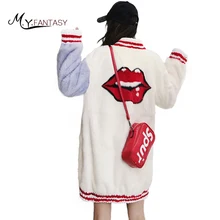 M.Y.FANSTY2017 Winter O-Neck Mink Coat Red Mouth Cartoon Pattern Real Fur Mink Coat Women Medium Baseball clothing Mink Coats