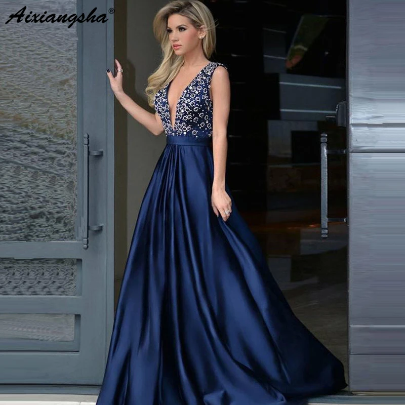 

Sexy 2019 Long Prom Dresses A-line V-neck Sleevelss A-line Rhinestone Dark Navy Sexy Long Prom Dress robe de soiree