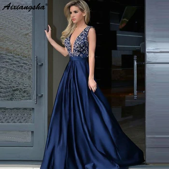 Sexy 2019 Long Prom Dresses A-line V-neck Sleevelss A-line Rhinestone Dark Navy Sexy Long Prom Dress robe de soiree Sexy 2019 Long Prom Dresses A-line V-neck Sleevelss A-line Rhinestone Dark Navy Sexy Long Prom Dress robe de soiree