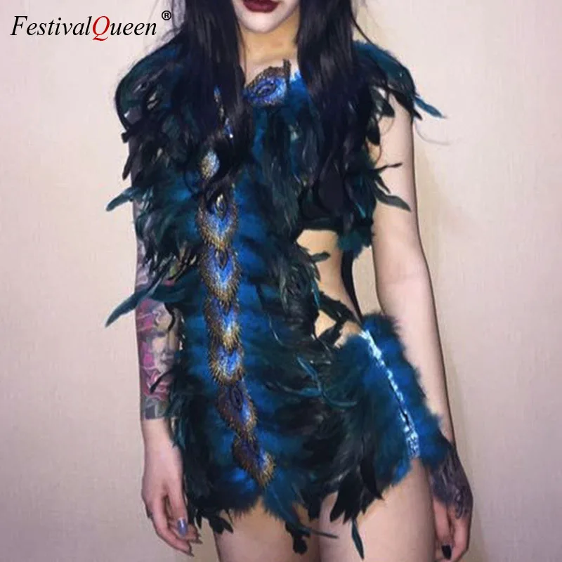 رقيق فو الطاووس الريش Playsuits المرأة مثير الجوف خارج داخلية الأزياء المرحلة الأداء زي حللا حزب Clubwear