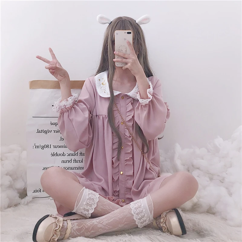 Woherb 2020 Summer Dress Women Harajuku Pink Ladies Ruffle Lace Patch Kawaii Dresses Lolita Cosplay Sweet Loose Vestidos 21092