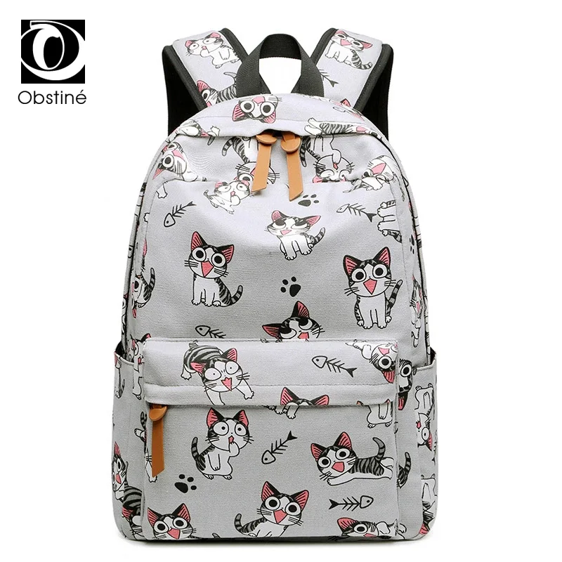 

Printing Cute Backpack with Cat Women Bookbag 14 Inch Laptop Bags for School Teenage Girl Large Capacity Canvas Backpacks Female