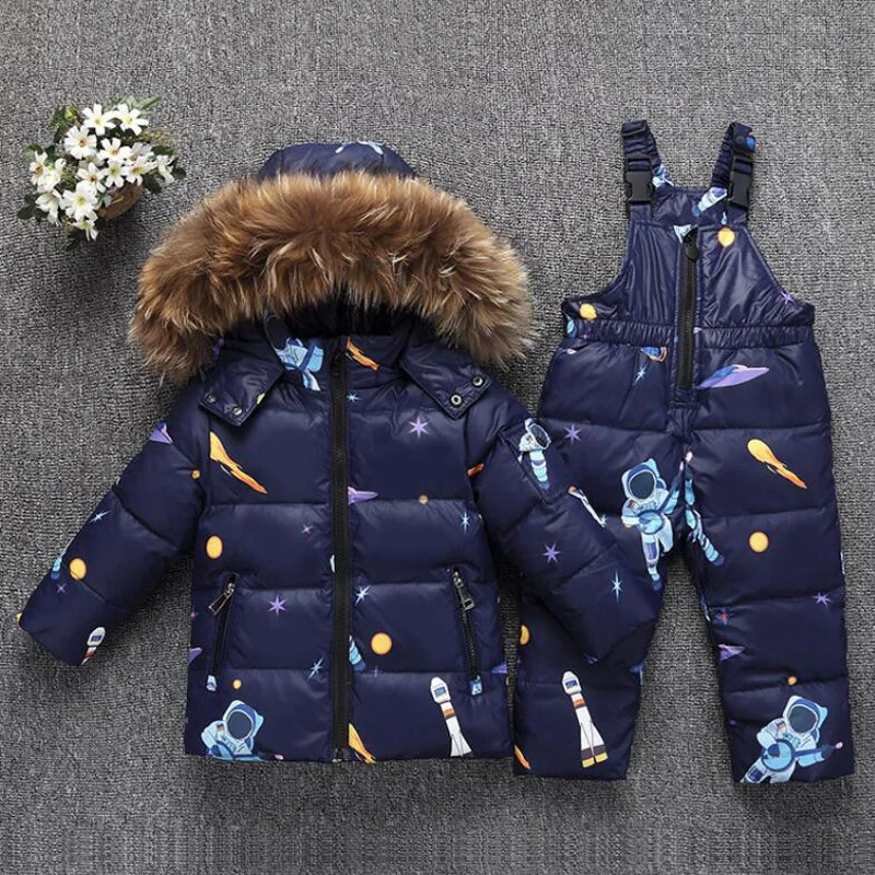 Комплекты одежды для мальчиков теплая пуховая парка для малышей, куртка, пальто детская зимняя одежда Зимний комбинезон для мальчиков, зимний костюм с мехом для девочек пуховик с капюшоном