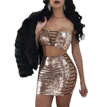 

2 piece set women sequin tops crop top and wrap high waist mini skirt summer sexy party club outfits stitching 6 colors skirt se