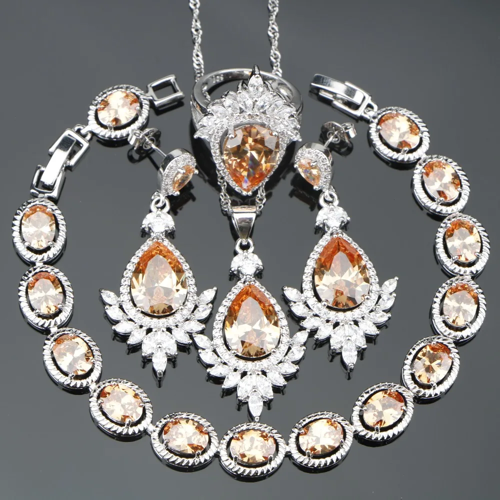 

Orange Cubic Zirconia White Rhinestones 925 Silver Sets of Jewelry For Women Earrings/Pendant/Necklace/Rings/Bracelets Free Gift