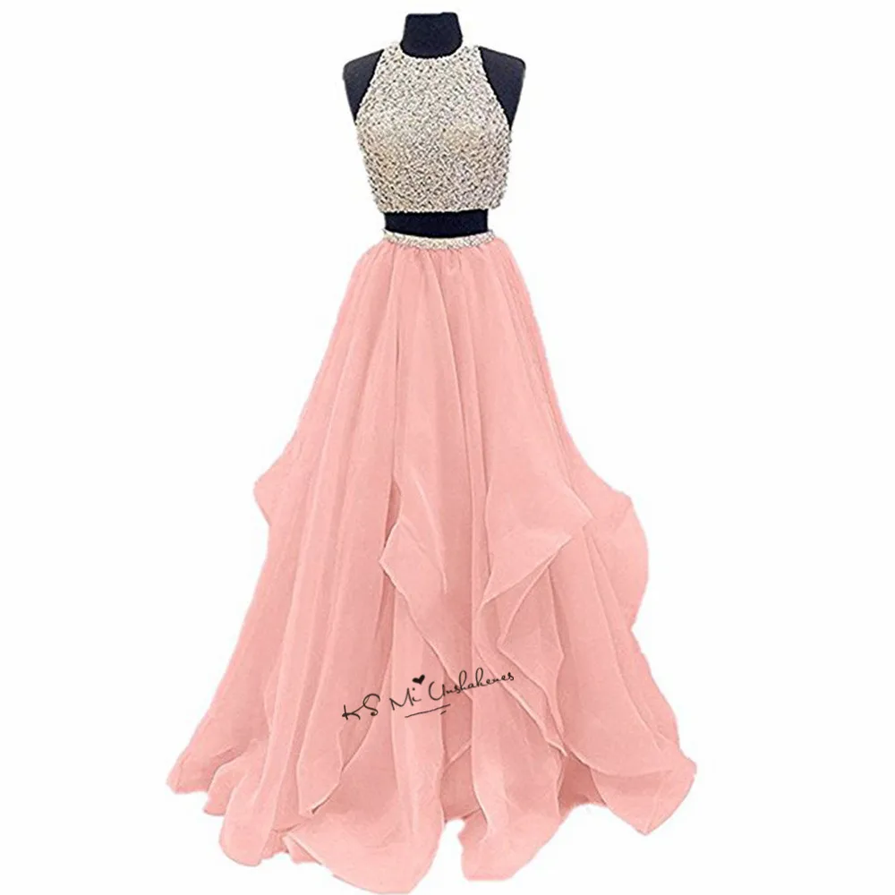 pink 2 piece prom dress