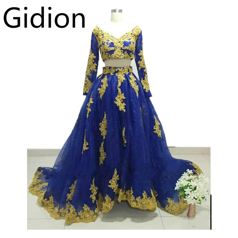 

2017 real picture royal blue two piece gold appliques prom dress long sleeve v neckline open back sexy prom gowns hot sale