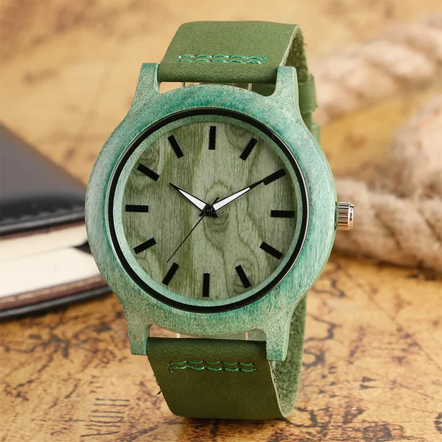 Top Geschenke Mode Grün Uhr der Frauen der Männer Natürliche Handgemachte Bambus Holz Quarz Uhr Trendy Echtem Leder Relogio Feminino