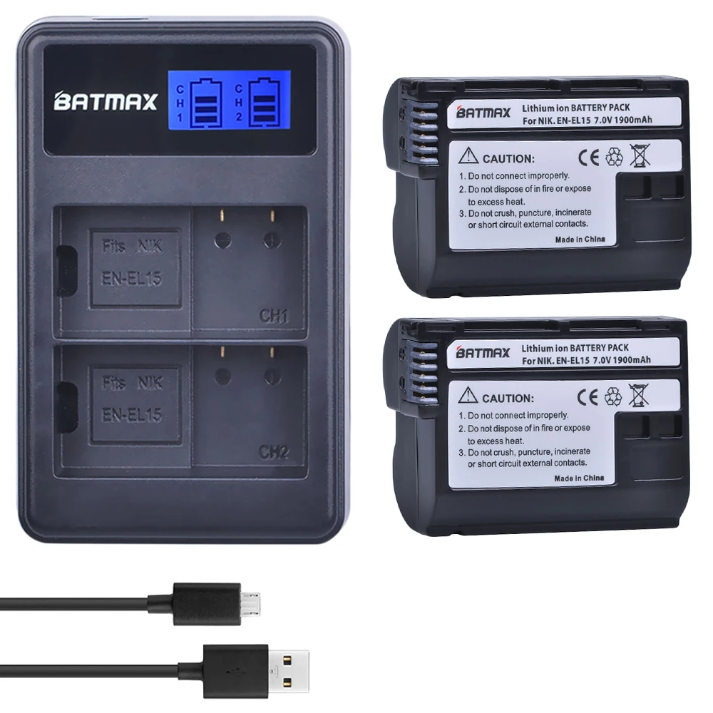 EN-EL15a EN-EL15b Rechargeable Lithium Ion Battery Pack 2 Pack Battery and LCD USB Battery Charger for Nikon EN-EL15 EN-EL15a EN-EL15b Rechargeable Lithium Ion Battery Pack 2 Pack Battery and LCD USB Battery Charger for Nikon EN-EL15