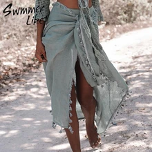 Сексуальная Пляжная накидка с кисточками, юбка бикини, купальник, женский купальник, женское однотонное парео, летняя пляжная одежда из шифона, саронги