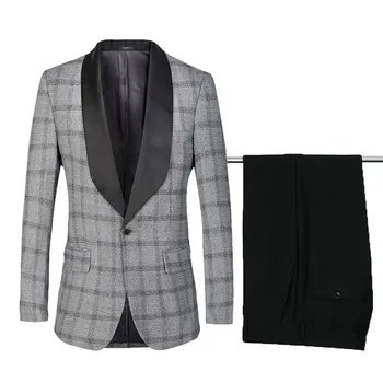 

Men's suits hot men's plaid single button casual suit two-piece suit (jacket + pants) men's business office formal suit