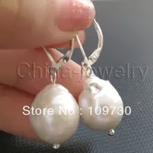 Ry00152 Красивая 15 мм белый кеши возродиться FW жемчужные серьги-925 серебряный крюк
