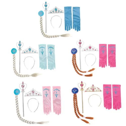 

5 Styles 4Pcs/set Elsa Anna Cosplay crown magic wand braid gloves Magic Wand + Rhinestone Hair Crown + Glove Set Girl
