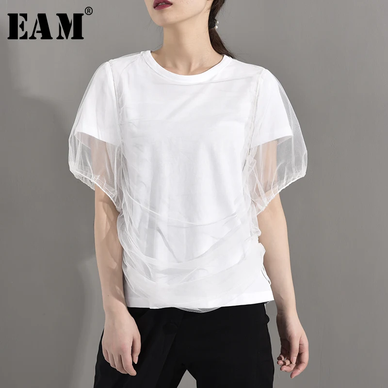 

[EAM] 2020 New Spring Summer Round Neck Short Sleeve White Mesh Split Joint Loose Temperament T-shirt Women Fashion Tide JU3930