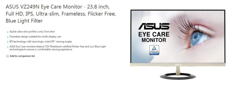 ASUS VZ249N монитор для ухода за глазами-23,8 дюймов, Full HD, ips, ультратонкий, Бескаркасный, без мерцания, фильтр синий светильник