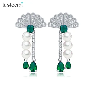 

LUOTEEMI 2016 Newest White Gold-Color Cubic Zirconia 3-Colors Synthetic Pearl Sector And Tassel Earrings For Women Anniversary