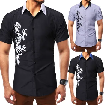 

Men print Shirt Male High Quality Short Sleeve Shirts Casual Hit Color Slim Fit Black Man Dress Shirts 2XL