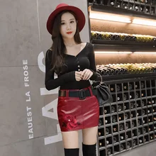 new slim skirt female sense wild embroidery rose PU leather skirt