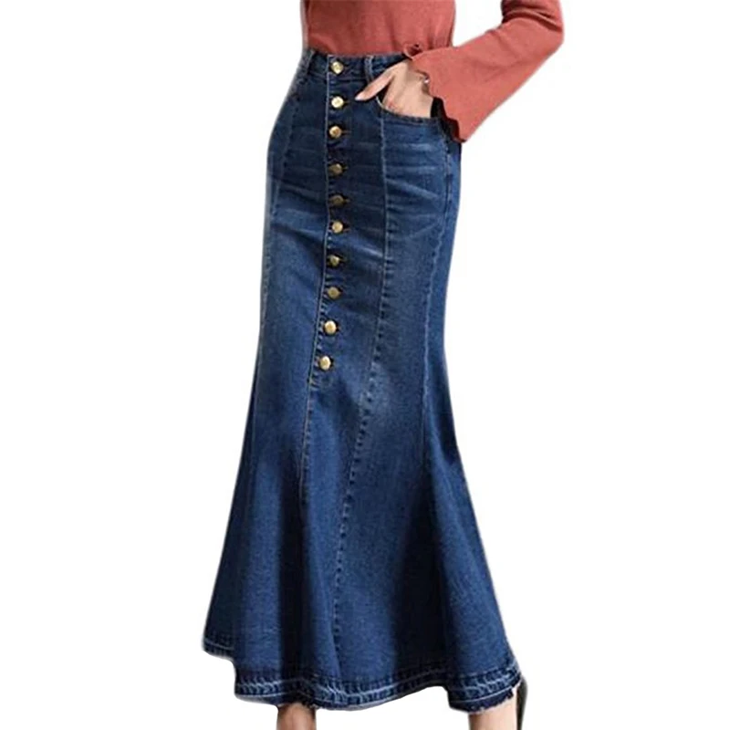 

Fashion Denim Mermaid Skirt Women 2019 Autumn Winter Single-breasted Slim Jeans Skirts Female Elegant Long Skirts Women A2433