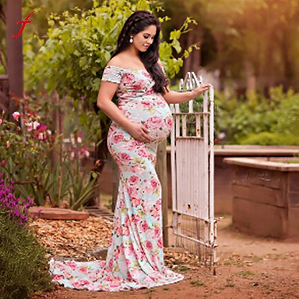 

Feitong Women Pregnant Off Shoulder Photography Props Nursing Boho Chic Print Long Dress Vestidos femininos