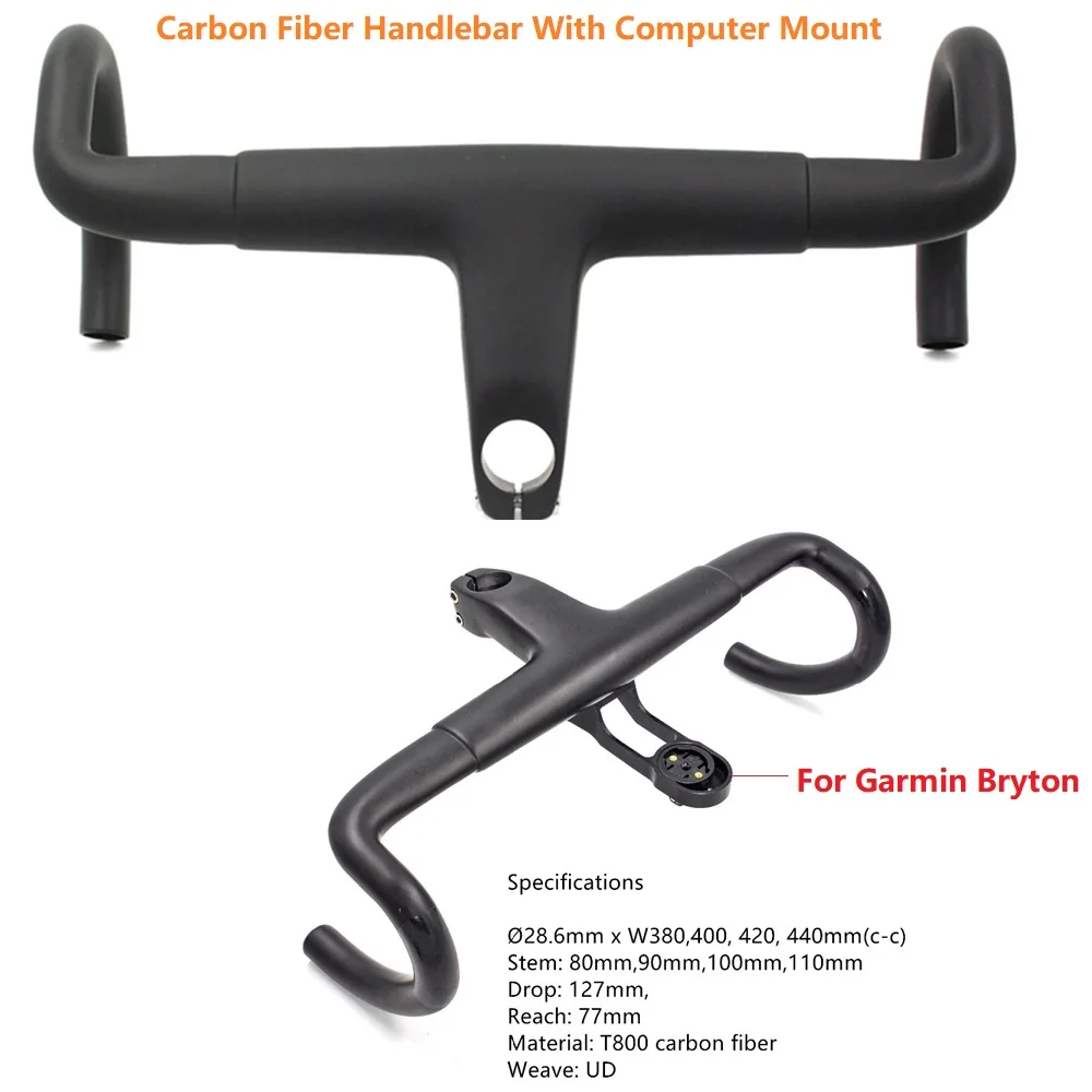 

Road Carbon Fiber Handlebar 3K UD Integrated Racing Bike Handle Bent Bars 380/400/420/440mm With Garmin Bryton Computer Mount