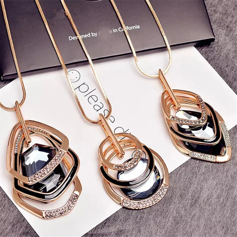 

Korean Geometry Crystal Multi-layer Autumn Winter Long Sweater Chains Pendant Necklace Fashion Jewelry Accessories-LKSC003C5