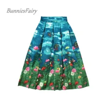 BunniesFairy, осенняя, подиумная, высокая, уличная, женская, Бабочка, животные, цветы, цветочный принт, высокая талия, плиссированная юбка миди, синяя, Saia