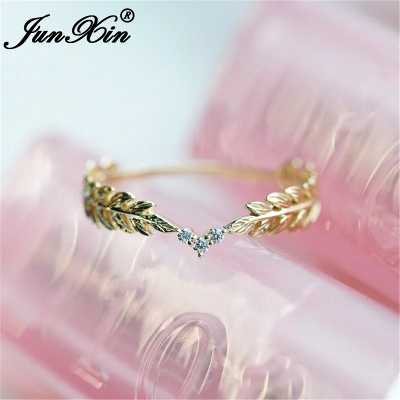 JUNXIN Cute Girls Stacking Daily Thin Rings For Women Yellow Gold Filled Wheat Feather Leaf Ring Female CZ Wedding Crown Ring