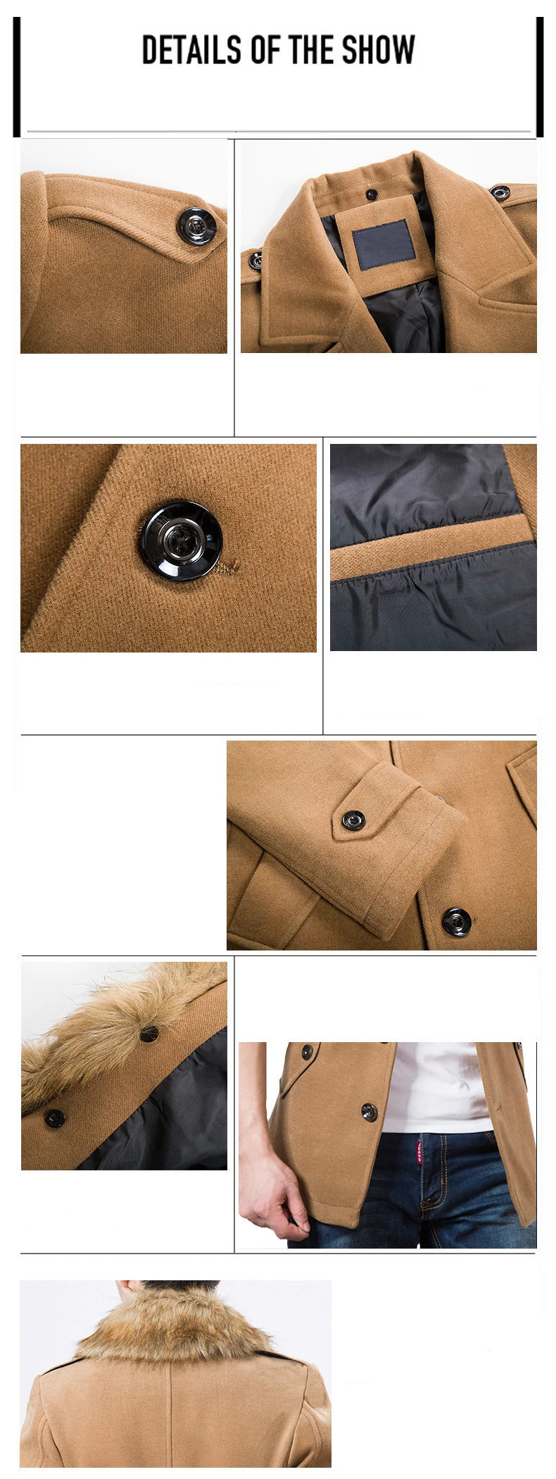 Зимние Новые повседневные узкие облегающие шерстяные пальто для мужчин с отстегивающимся меховым воротником зимняя куртка