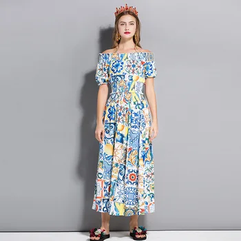 

Sexy women Off shoulder Shirt Tops+high-waisted Skirts Two piece sets 2018 Summer runways retro print Skirt suits D105