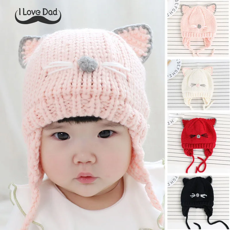 Cute Cat Ear Baby Winter Crochet Hat Cap With Earflap Infant Baby