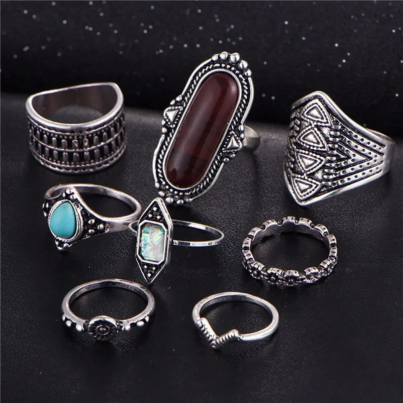 New Arrival Fashion Vintage Women's Boho Crystal Flower Knuckle Ring Tibetan Turkish Rings for women midi rings Ring Set J13#N (3)