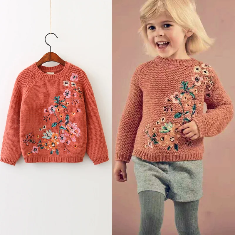 Baby Girls Embroidery Floral Pullover Kids Girls Fashion Knitting