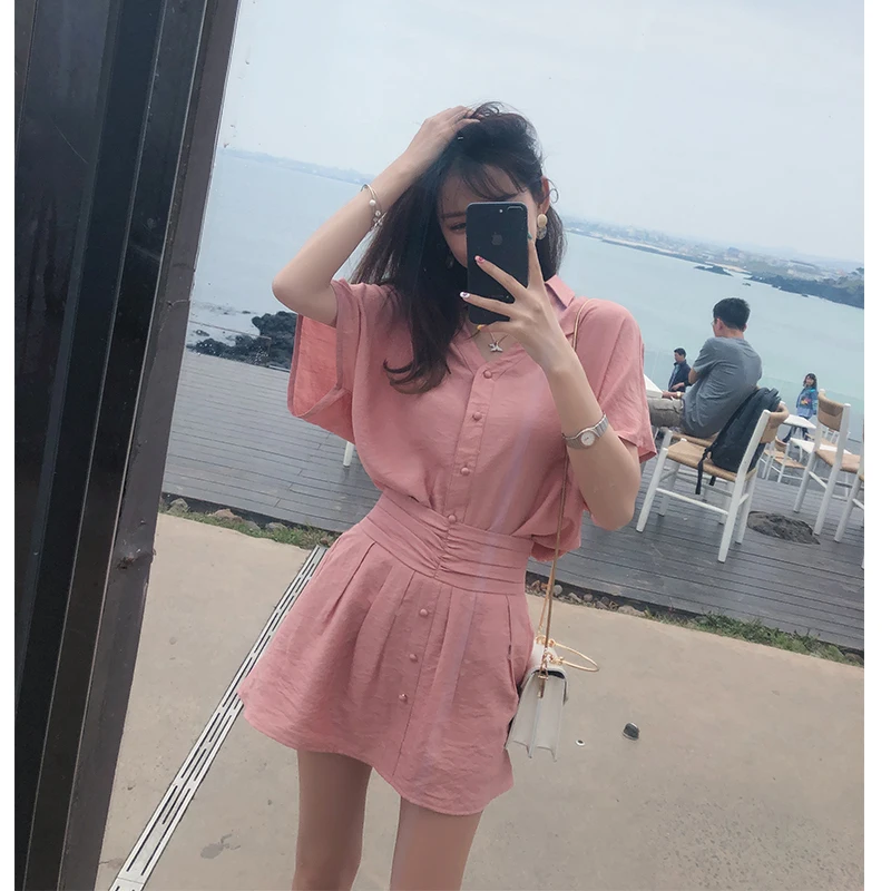 

MISHOW 2 Piece Set Women 2019 Summer Shirt Top + Mini Skirt Suits Two Pieces Solid Summer Clothes For Women MX19B0182