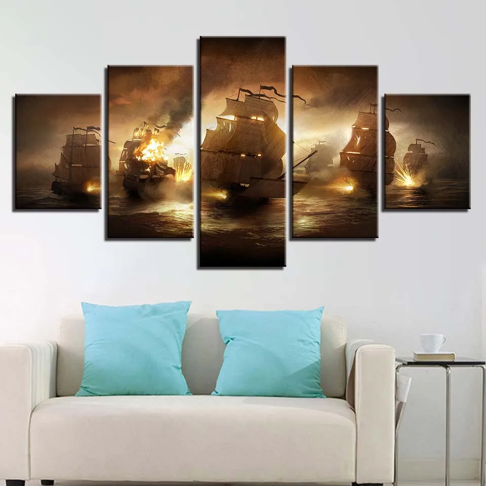 

Canvas Prints Modular Pictures Wall Artwork 5 Panel Sea Battle Ships Flame Burned Painting Home Decor Poster Framed Living Room