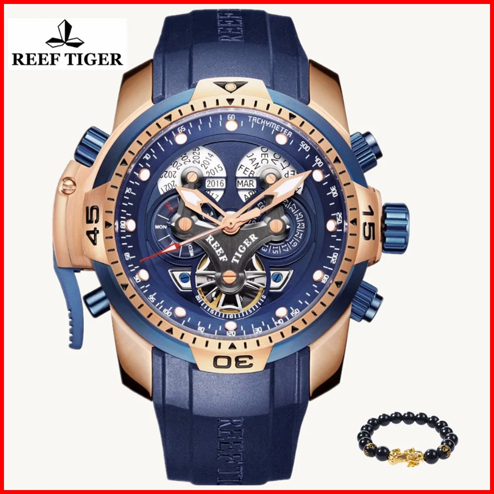 

Reef Tiger Luxury Brand Fashion Automatic Watches Sport Men Blue Big Dial Calendar Steel Mechanical Watch Relogio Masculino 2019