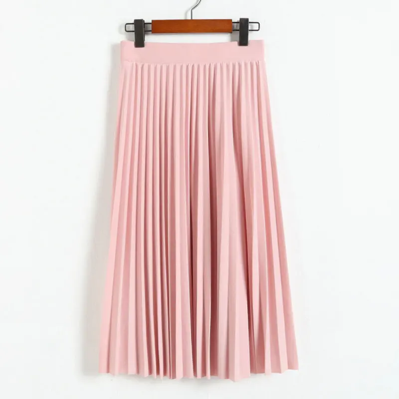 Весенне-осенняя Новая модная женская однотонная плиссированная юбка средней длины с высокой талией, эластичная юбка, акция, женская, черная, розовая - Цвет: Розовый