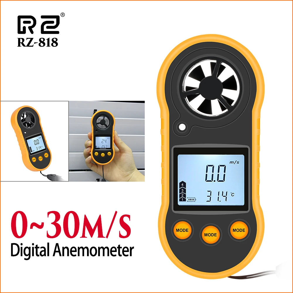 RZ Anemometer Wind Meter Anemometro Lcd Digital Wind Speed Meter Sensor Portable 0-30m/S GM816 Mini Anemometer Speed
