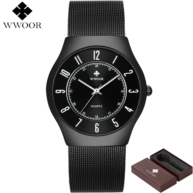 WWOOR Топ бренд класса люкс мужские Ультра тонкие водонепроницаемые спортивные часы мужские кварцевые наручные часы мужские тонкие черные часы relogio masculino - Цвет: Черный