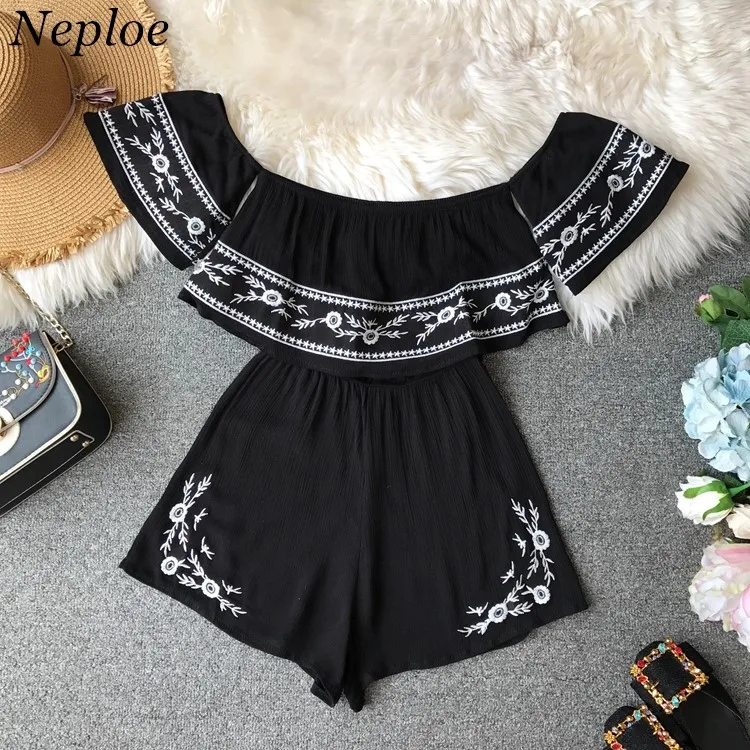 

Neploe Womens Playsuit For Holiday Summer Jumpsuit Slash Neck Strapless Shorts Rompers Vintage Embroideried Bodysuits 38150