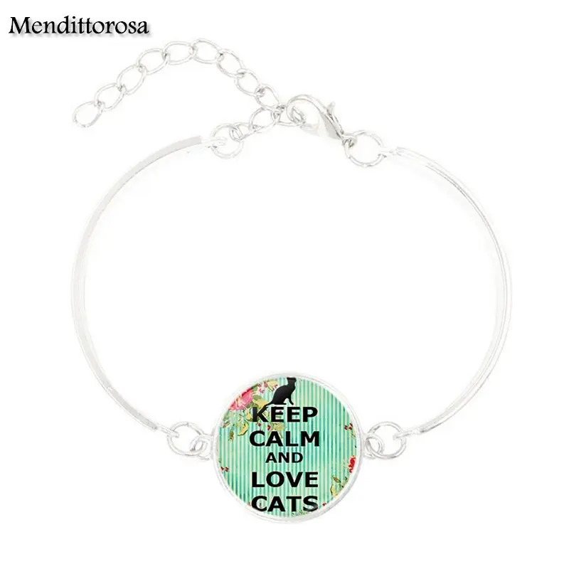 Mendittorosa Glass Bracelet Bangle Newest Silver Jewelry For Woman Vintage Statement Keep Calm and Love Cats | Украшения и