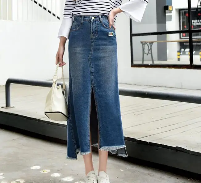 Casual Mujeres Algodón De becerro Cintura Nueva Denim Mezcla Azul Borla Qyd0801 Moda Para Primavera Faldas Más Tamaño Elástico De Mediados line A rgwr4nAfq