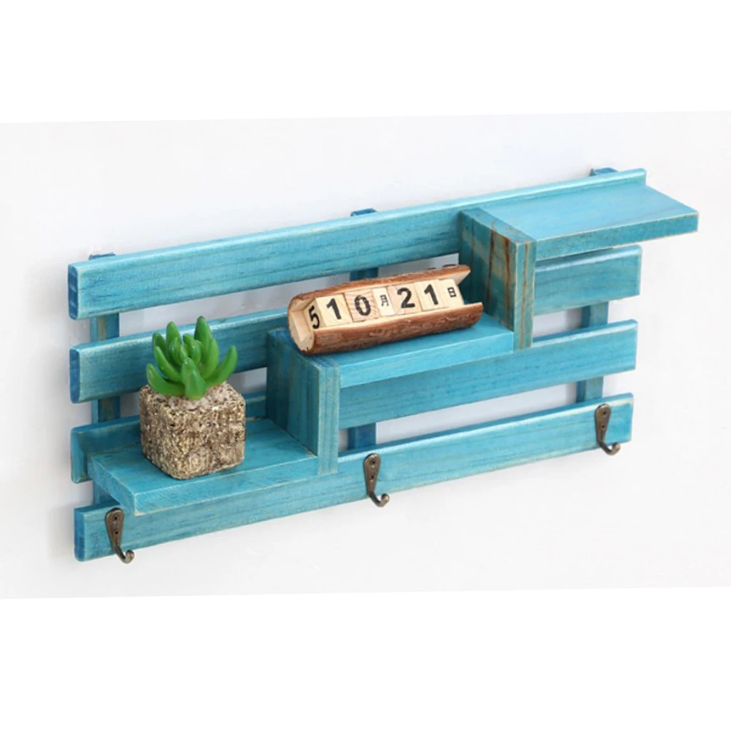 Baoblaze Wooden 3-tier Stair Shelves Organizer Books Collections Display Shelf Storage Rack with Key Hooks, Wall Mounted