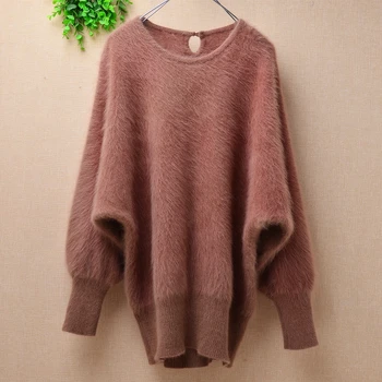 

wholesale ladies women autumn winter plus size angora rabbit fur hand knitted o-neck loose long batwing sleeves pullover sweater